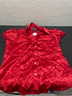 NWT Cotton express stretch Red Silk Button-Down Blouse